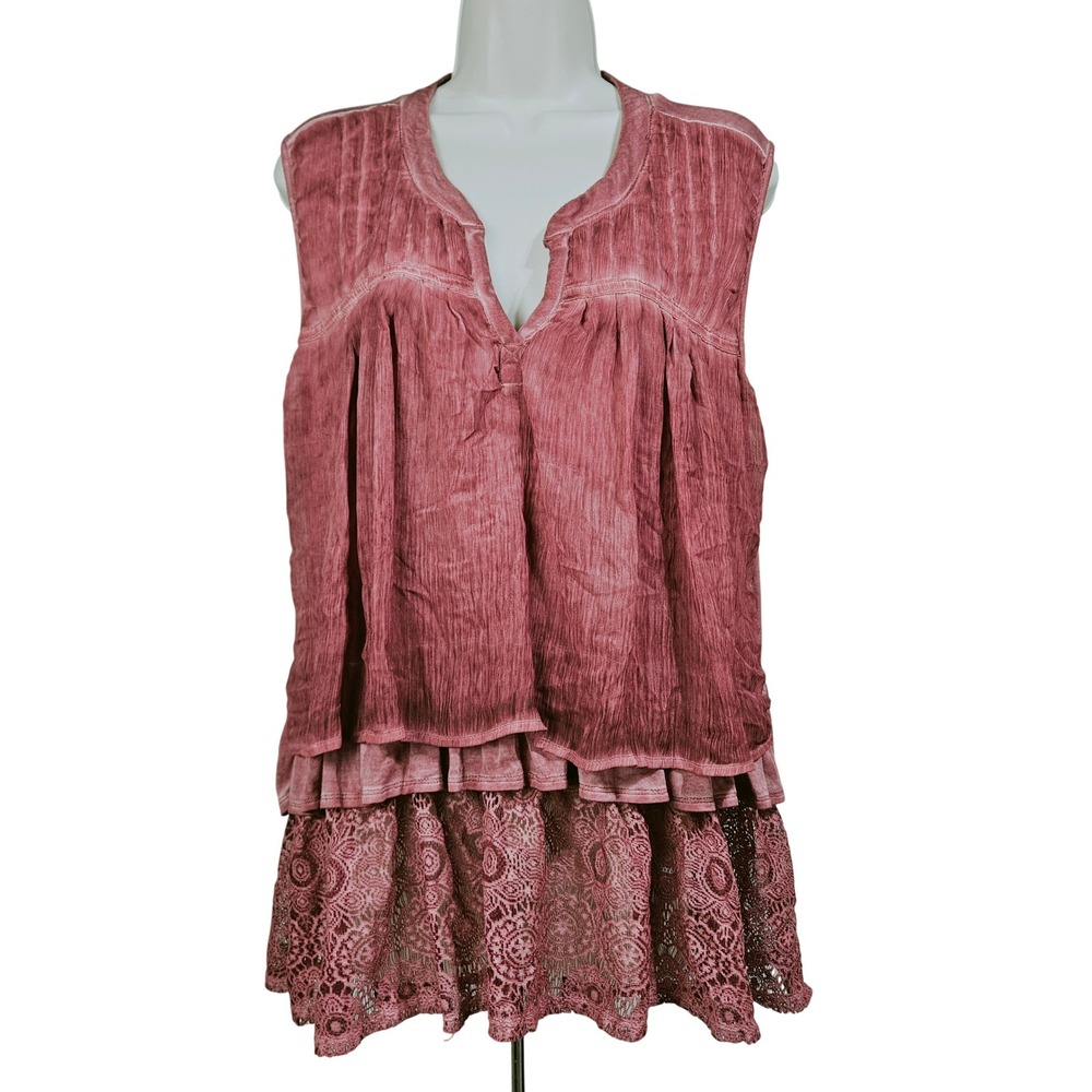 One World Pink Mineral Wash Layered Crochet Lace Tunic Top XL Boho Sleeveless